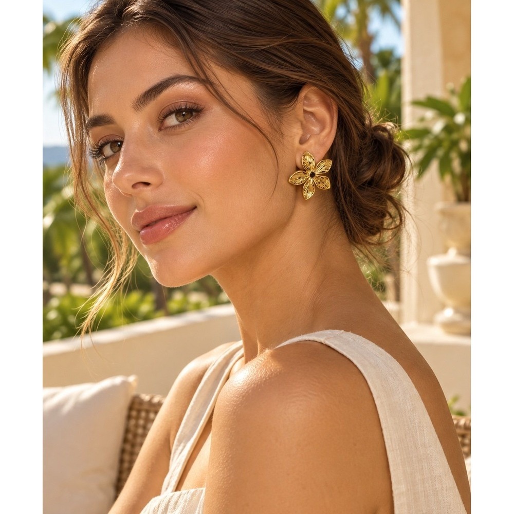 Gold PVD Stainless Steel Floral Stud Earrings  Botanical Flower